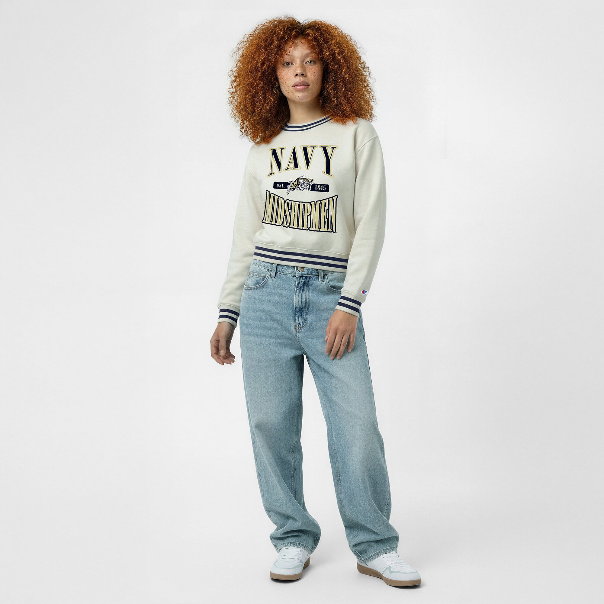 Women's Champion  White Navy Midshipmen Yarn Dye Rib Reverse Weave Crew Sweatshirt